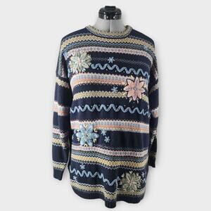 Maggie Lawrence Sport Knit Sweater Women's L Embroidered Floral Crew Neck VTG